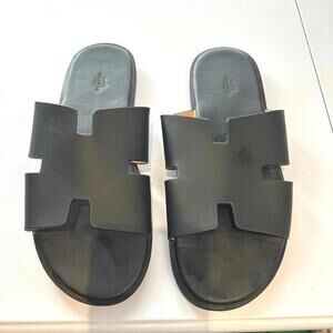 Hermes Men Black Leather Izmir Slide Sandals - 10'' / 10 1/2''
